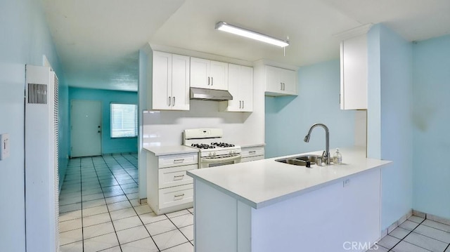 1531 E Ln Palma Ave Unit C2, Anaheim, CA 92805 - kitchen with white gas range oven, a heating unit, under cabinet range hood, light tile patterned floors, and a peninsula