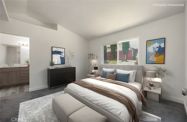 14791 Mountain High Dr, Fontana, CA 92337 - carpeted bedroom featuring vaulted ceiling and ensuite bathroom