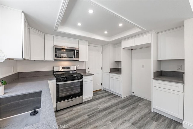 14791 Mountain High Dr, Fontana, CA 92337 - kitchen featuring appliances with stainless steel finishes, a raised ceiling, white cabinetry, recessed lighting, and light wood finished floors