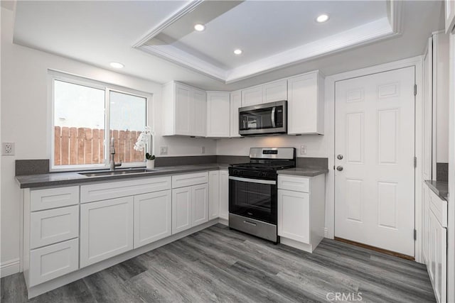 14791 Mountain High Dr, Fontana, CA 92337 - kitchen with stainless steel appliances, a tray ceiling, dark countertops, white cabinets, and recessed lighting