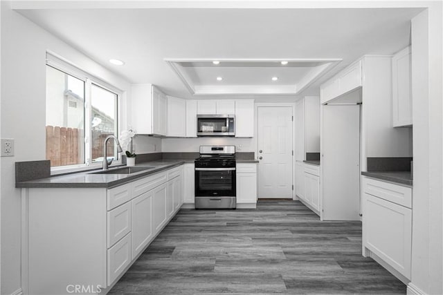 14791 Mountain High Dr, Fontana, CA 92337 - kitchen featuring stainless steel appliances, a tray ceiling, dark countertops, recessed lighting, and white cabinetry