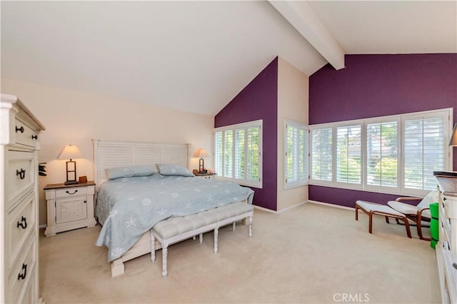 5560 Via Cantada, Yorba Linda, CA 92887 - bedroom with beam ceiling, light colored carpet, and high vaulted ceiling