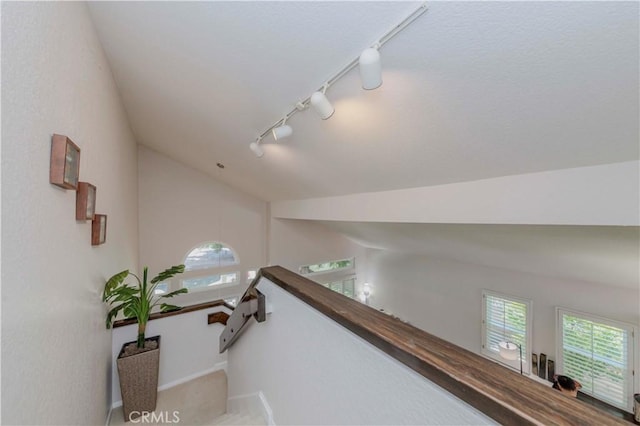 5560 Via Cantada, Yorba Linda, CA 92887 - stairway featuring lofted ceiling and track lighting