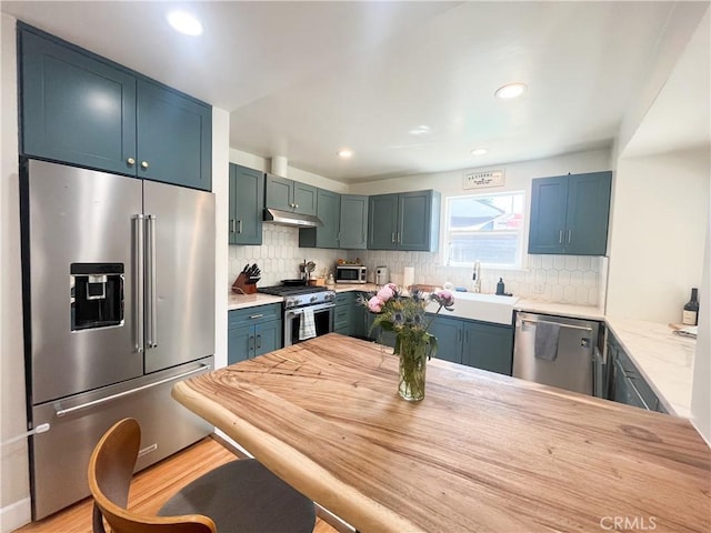 4574 Whaley Ave, Long Beach, CA 90807 - kitchen featuring premium appliances, under cabinet range hood, backsplash, a peninsula, and recessed lighting