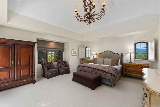 1559 Rolling Hills Rd, Santa Ynez, CA 93460 - bedroom with a chandelier, light colored carpet, and a tray ceiling