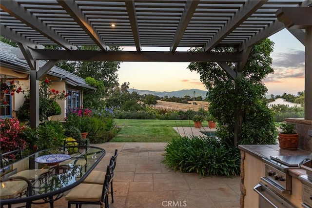 1559 Rolling Hills Rd, Santa Ynez, CA 93460 - patio terrace at dusk featuring a yard, a patio area, and a pergola