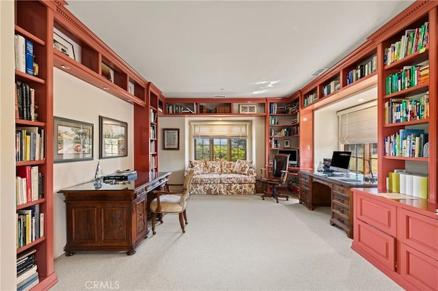1559 Rolling Hills Rd, Santa Ynez, CA 93460 - office with light carpet, built in study area, and built in shelves