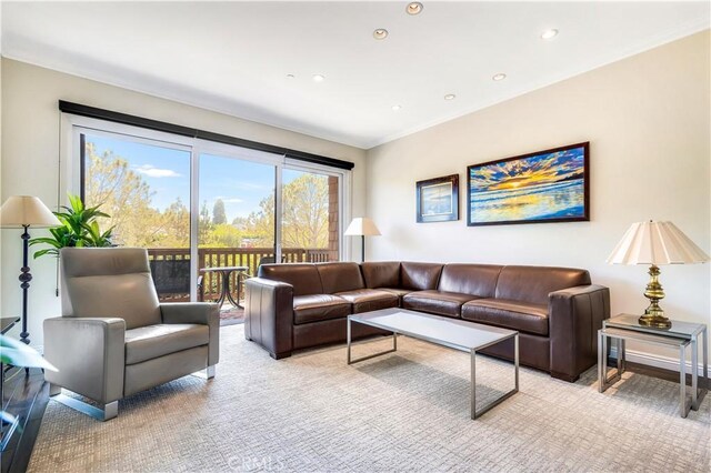 38 Canyon Island Dr Unit 38, Newport Beach, CA 92660 - living room with light carpet, recessed lighting, and ornamental molding