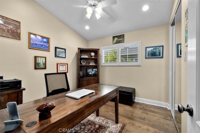 1372 W Sepulveda St, San Pedro, CA 90732 - home office with a ceiling fan, wood finished floors, vaulted ceiling, and recessed lighting