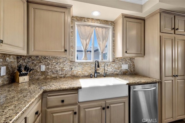 1372 W Sepulveda St, San Pedro, CA 90732 - kitchen with decorative backsplash, light stone countertops, and stainless steel dishwasher
