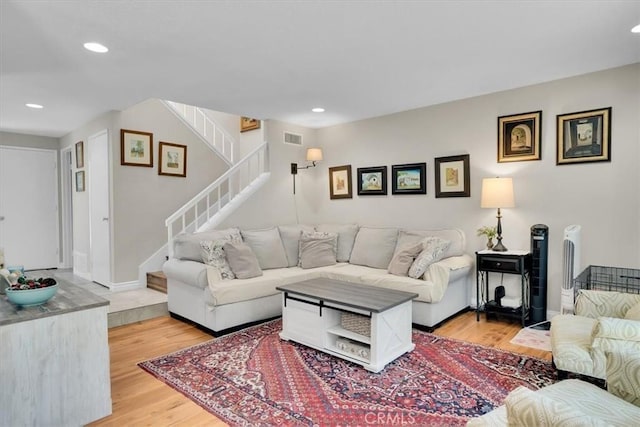 12 Sparrow Hill Ln, Laguna Hills, CA 92653 - living room with light wood-type flooring, stairway, and recessed lighting