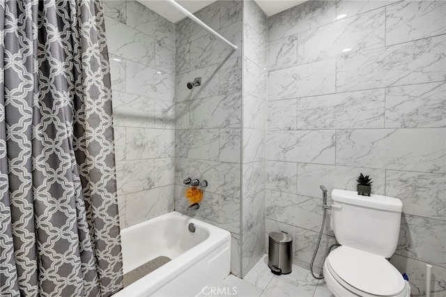 5533 Edward E Horton Ln Unit 6, Encino, CA 91316 - bathroom featuring shower / bathtub combination with curtain, marble look tile flooring, and tile walls