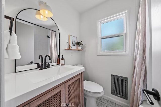 6335 Lorca Dr, San Diego, CA 92115 - bathroom with heating unit, vanity, a shower with shower curtain, and tile patterned floors