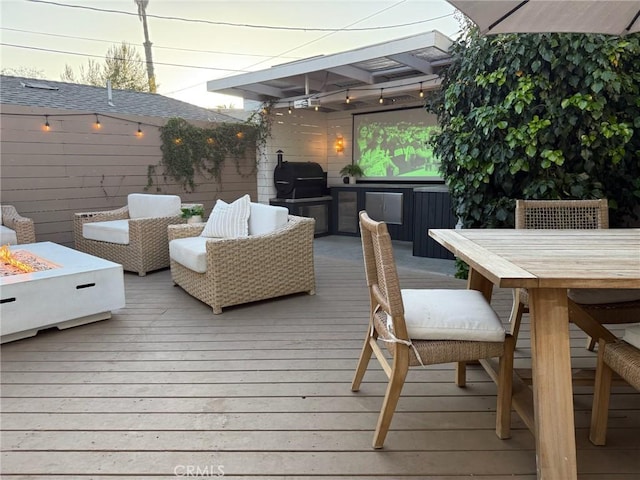 6335 Lorca Dr, San Diego, CA 92115 - wooden deck featuring a fire pit, a grill, and outdoor dining area