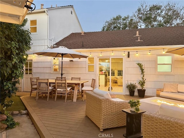 6335 Lorca Dr, San Diego, CA 92115 - wooden deck with an outdoor living space with a fire pit and outdoor dining area