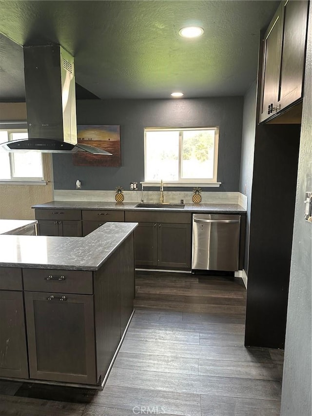 6896 Frontage Rd, Lucerne, CA 95458 - kitchen with stainless steel dishwasher, healthy amount of natural light, island range hood, dark wood-type flooring, and recessed lighting