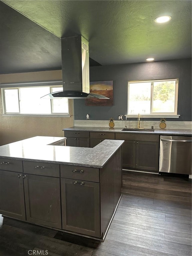 6896 Frontage Rd, Lucerne, CA 95458 - kitchen with stainless steel dishwasher, healthy amount of natural light, island range hood, recessed lighting, and dark wood-type flooring
