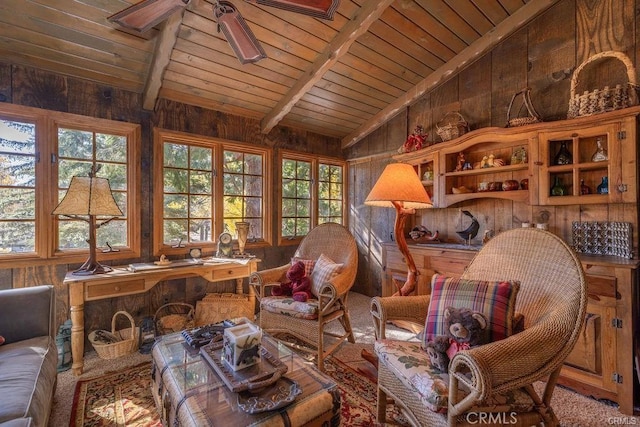 39654 Flicker Rd, Fawnskin, CA 92333 - carpeted living area with ceiling fan, wooden walls, and wood ceiling