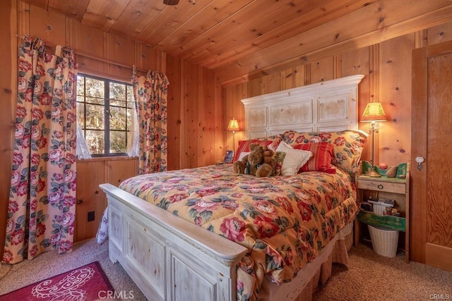 39654 Flicker Rd, Fawnskin, CA 92333 - bedroom featuring light colored carpet, wood walls, and wood ceiling