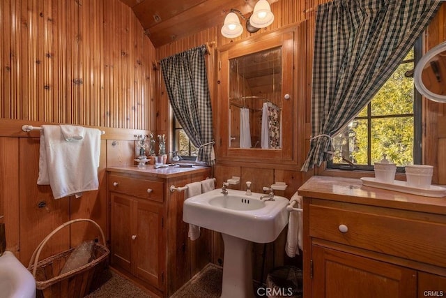 39654 Flicker Rd, Fawnskin, CA 92333 - full bath with wood walls and lofted ceiling