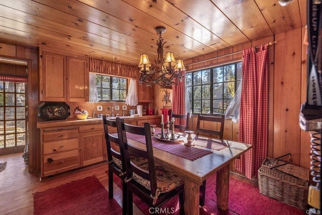 39654 Flicker Rd, Fawnskin, CA 92333 - dining area with a chandelier, light wood finished floors, wood walls, and wooden ceiling