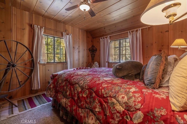 39654 Flicker Rd, Fawnskin, CA 92333 - carpeted bedroom with wooden ceiling and wooden walls