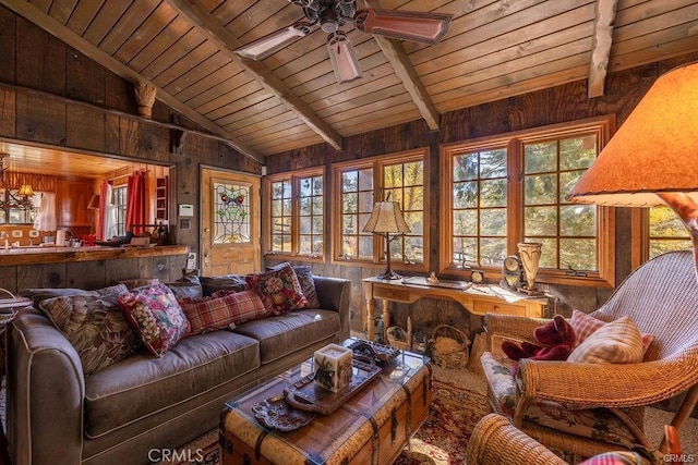 39654 Flicker Rd, Fawnskin, CA 92333 - living area featuring wooden walls, a ceiling fan, and wood ceiling