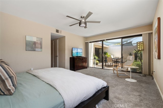 72760 Sage Ct, Palm Desert, CA 92260 - bedroom featuring access to exterior, carpet floors, and ceiling fan