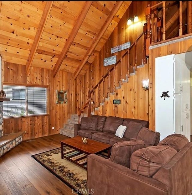 1126 Aleutian Dr, Lake Arrowhead, CA 92352 - living room with stairs, hardwood / wood-style floors, wood walls, and wood ceiling