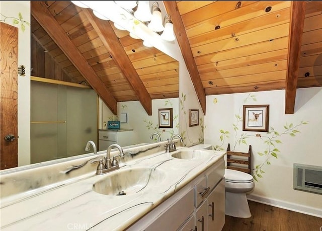 1126 Aleutian Dr, Lake Arrowhead, CA 92352 - full bathroom with wood ceiling, double vanity, wood finished floors, and heating unit