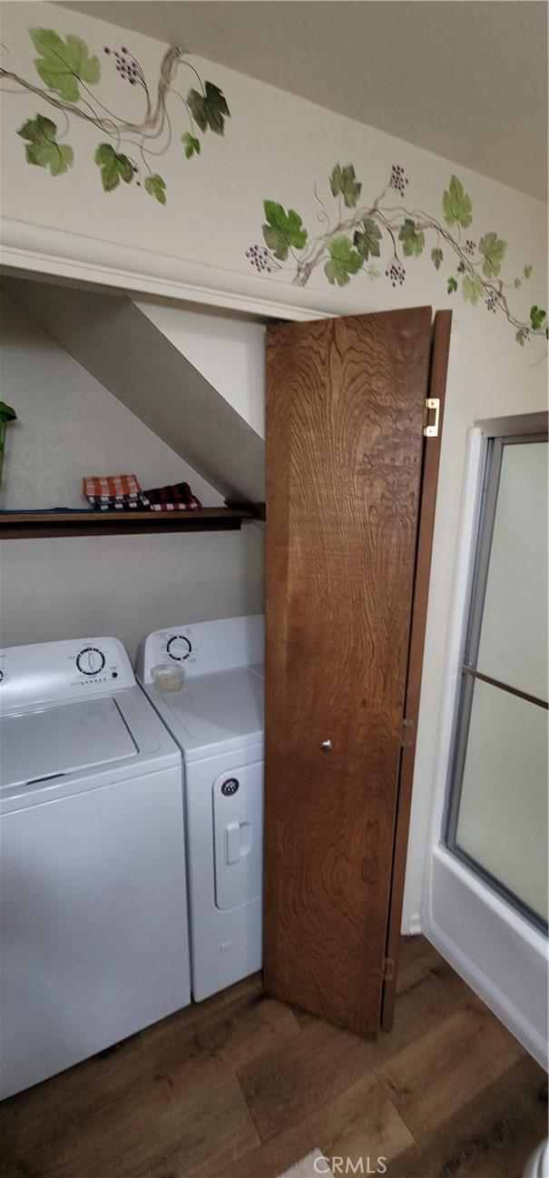 1126 Aleutian Dr, Lake Arrowhead, CA 92352 - laundry room featuring wood finished floors and separate washer and dryer
