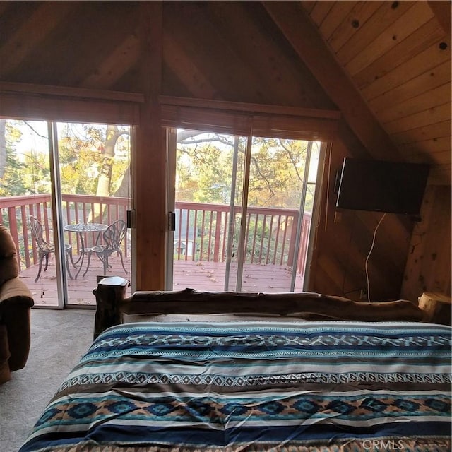1126 Aleutian Dr, Lake Arrowhead, CA 92352 - carpeted bedroom with access to outside, lofted ceiling, wooden walls, and wood ceiling