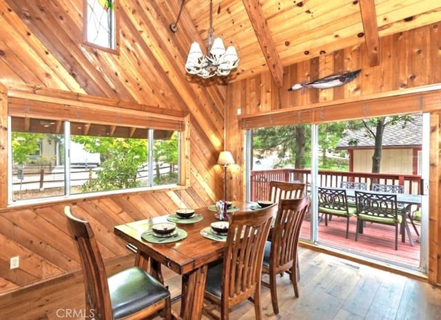 1126 Aleutian Dr, Lake Arrowhead, CA 92352 - dining area featuring vaulted ceiling, a chandelier, wooden walls, hardwood / wood-style flooring, and wooden ceiling