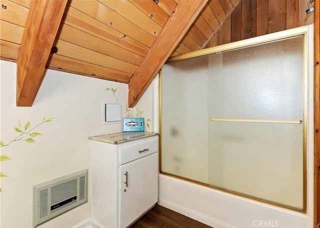 1126 Aleutian Dr, Lake Arrowhead, CA 92352 - full bathroom featuring bath / shower combo with glass door, wood finished floors, and wooden ceiling