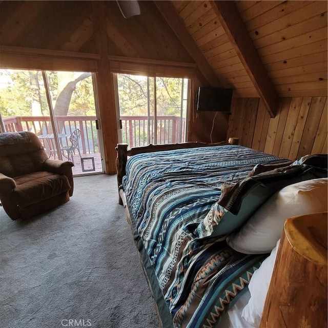 1126 Aleutian Dr, Lake Arrowhead, CA 92352 - bedroom with access to outside, carpet, wooden ceiling, and wooden walls
