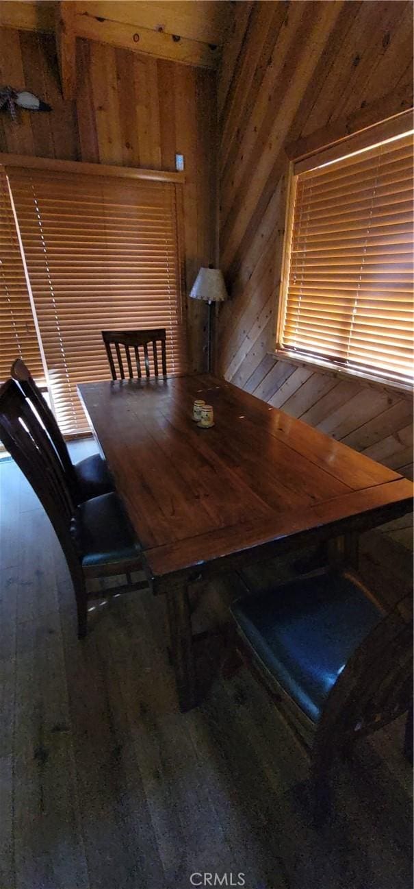 1126 Aleutian Dr, Lake Arrowhead, CA 92352 - dining area with wooden walls and wood finished floors