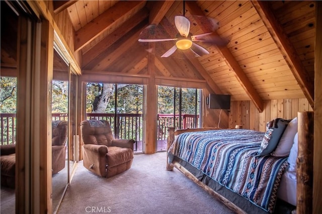 1126 Aleutian Dr, Lake Arrowhead, CA 92352 - bedroom with access to outside, multiple windows, wood ceiling, carpet, and wooden walls