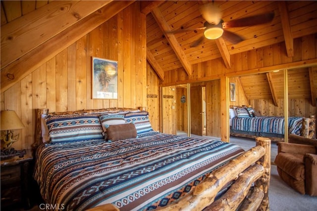 1126 Aleutian Dr, Lake Arrowhead, CA 92352 - bedroom featuring wooden walls, carpet flooring, and wood ceiling