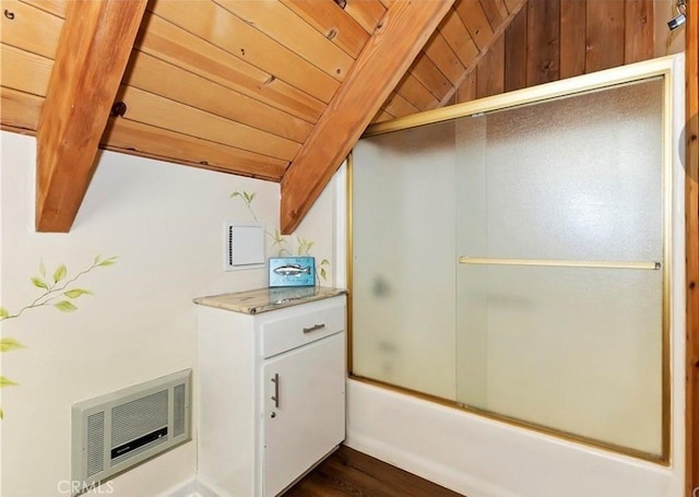 1126 Aleutian Dr, Lake Arrowhead, CA 92352 - bathroom featuring combined bath / shower with glass door, wood finished floors, and wooden ceiling