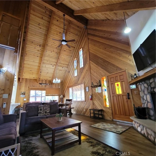 1126 Aleutian Dr, Lake Arrowhead, CA 92352 - living room with wood walls, hardwood / wood-style flooring, high vaulted ceiling, a wood ceiling with exposed beams, and a ceiling fan