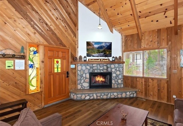 1126 Aleutian Dr, Lake Arrowhead, CA 92352 - living area with wood ceiling, wood finished floors, wooden walls, and a fireplace