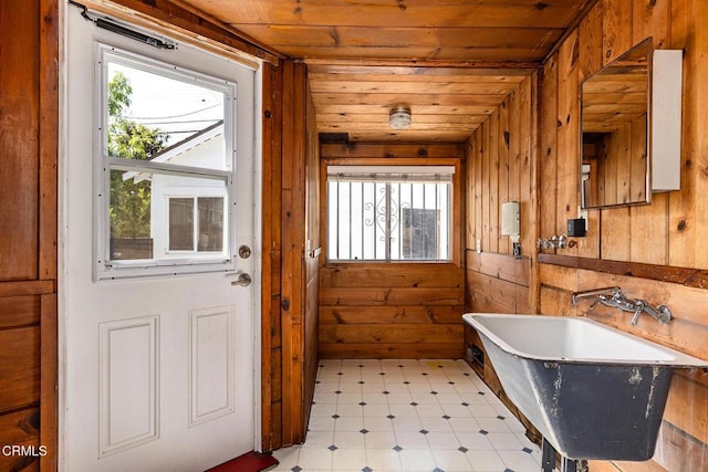 2710 W Shorb St, Alhambra, CA 91803 - doorway to outside featuring plenty of natural light, wooden ceiling, light floors, and wood walls