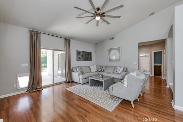 2925 E El Paso Ave, Fresno, CA 93720 - living area with wood finished floors, a ceiling fan, and high vaulted ceiling