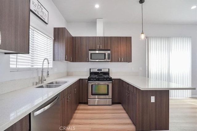 7820 Fulton Ave, North Hollywood, CA 91605 - kitchen featuring appliances with stainless steel finishes, a peninsula, light countertops, light wood finished floors, and recessed lighting
