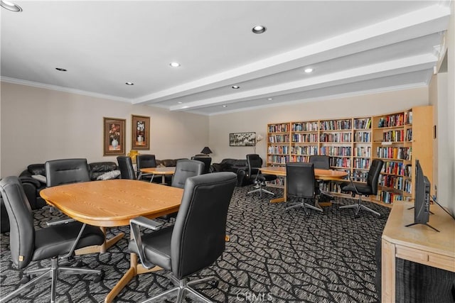 4949 Genesta Ave Unit 102, Encino, CA 91316 - carpeted home office with beamed ceiling, recessed lighting, and ornamental molding