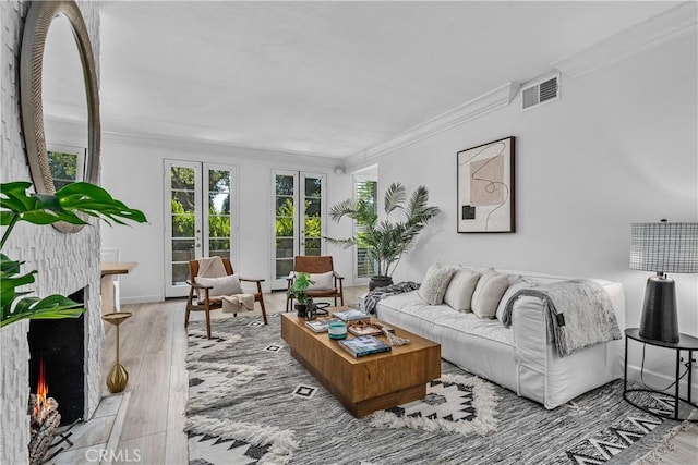 4949 Genesta Ave Unit 102, Encino, CA 91316 - living room with crown molding, wood finished floors, and a warm lit fireplace