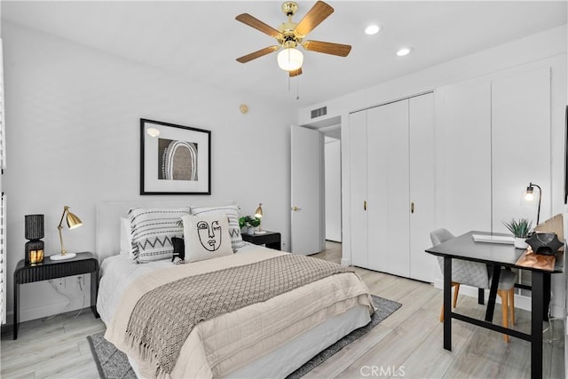 4949 Genesta Ave Unit 102, Encino, CA 91316 - bedroom with light wood-type flooring, recessed lighting, and ceiling fan