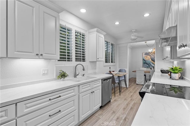 4949 Genesta Ave Unit 102, Encino, CA 91316 - kitchen with dishwasher, range hood, white cabinetry, recessed lighting, and a ceiling fan