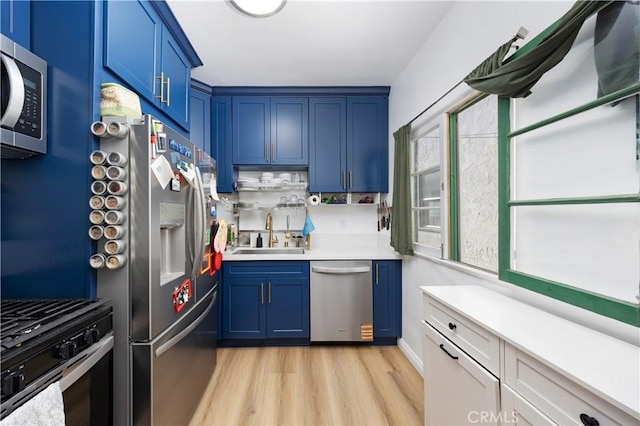 28 Argonne Ave, Long Beach, CA 90803 - kitchen featuring appliances with stainless steel finishes, light wood-style flooring, blue cabinets, and light countertops