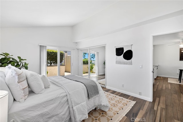 18714 Maplewood Cir, Huntington Beach, CA 92646 - bedroom featuring access to outside, dark wood-style flooring, and high vaulted ceiling